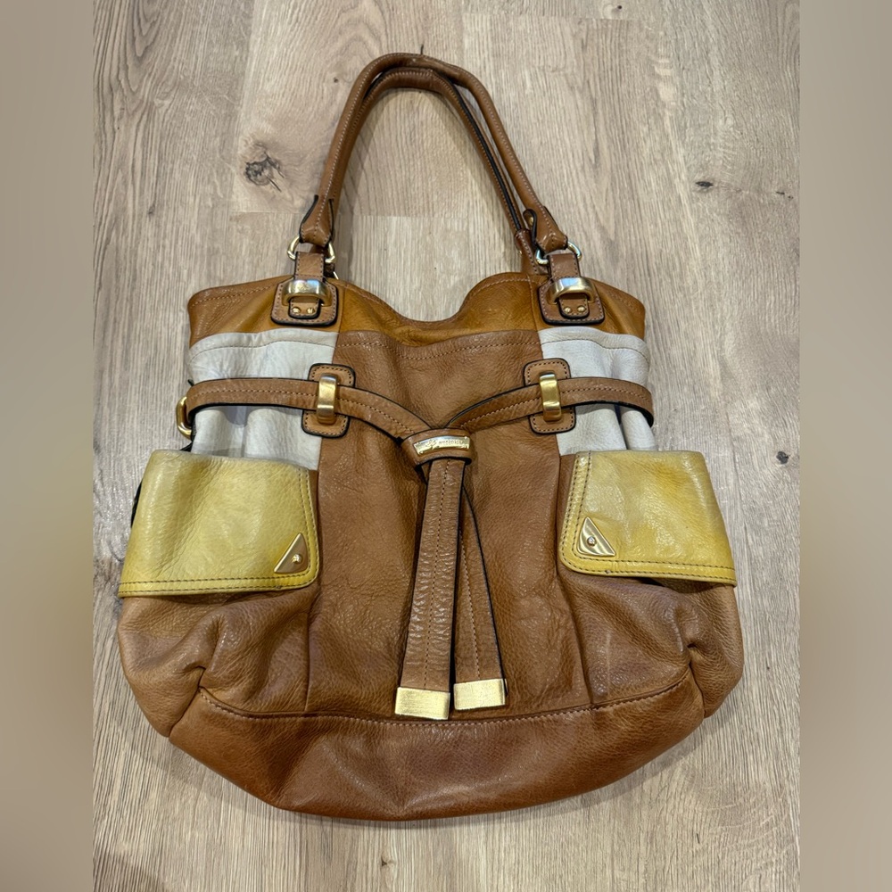 B Makowsky Colorblock Brown Yellow Bone Tan Soft Genuine Leather Handbag Purse